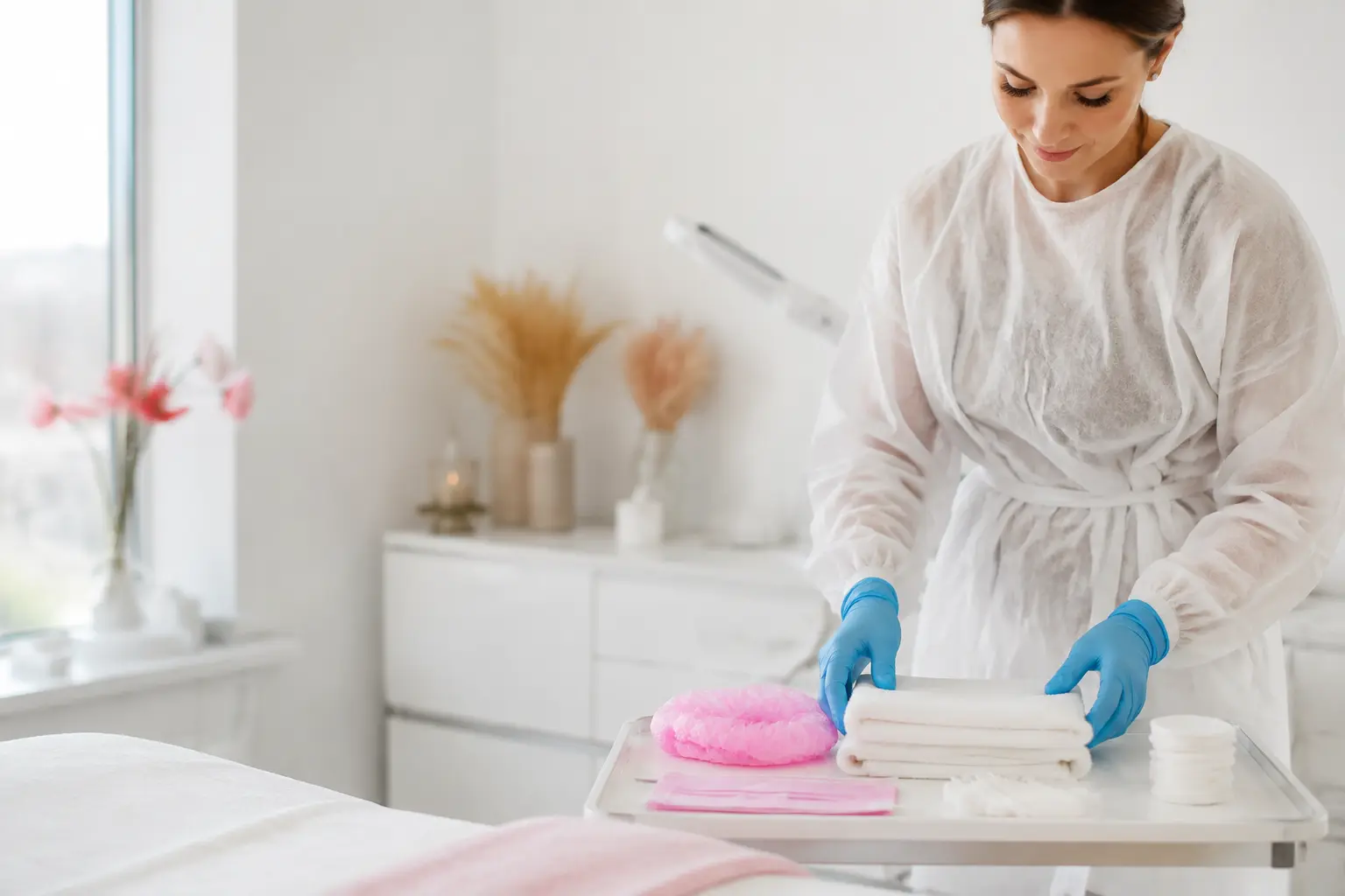 Profesional de estética preparando productos higiénicos desechables